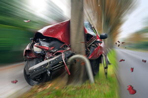 red car crashed into a tree head-on