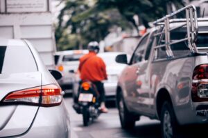 Traffic jam in crowded urban city on street lane