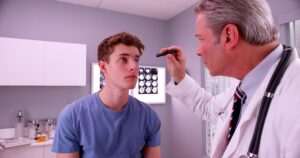 doctor examining eyes of young patient