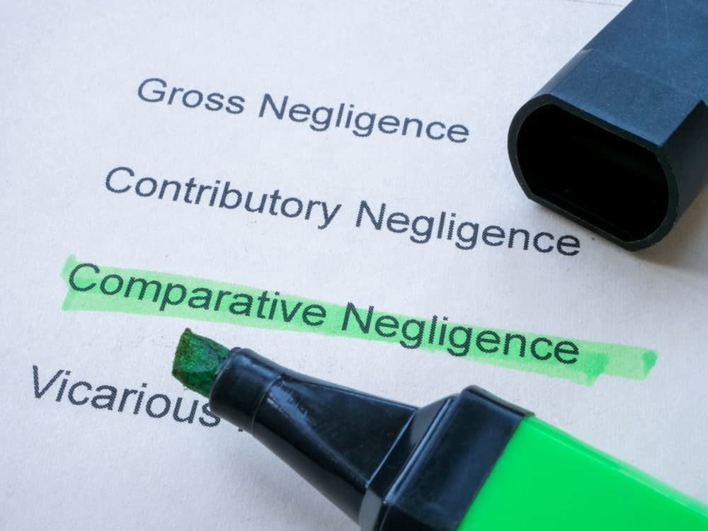 four types of negligence rules listed out with 'comparative negligence' highlighted in green and green highlighter laying atop paper with cap to the side