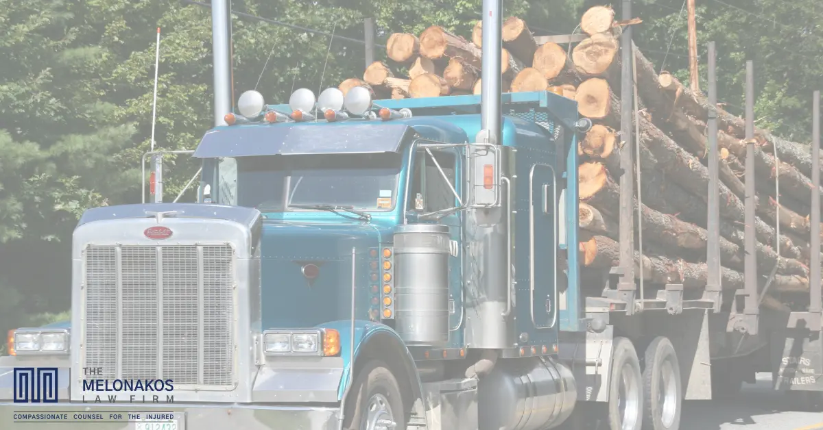 A logging truck on a Greenville, SC road, representing the risk of logging truck accidents in South Carolina